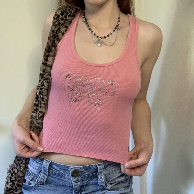 

Милый женский облегающий кроп-топ Y2K, летние майки с узором бабочки Стразы, жилеты без рукавов, винтажная уличная одежда