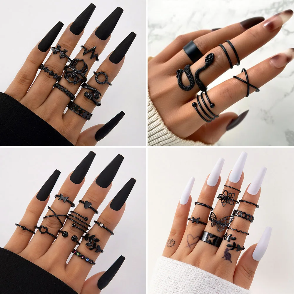 

Punk Vintage Black Butterfly Heart Leaf Hug Rings Set for Women Gothic Snake Spider Geometric Finger Ring Trendy Party Jewelry