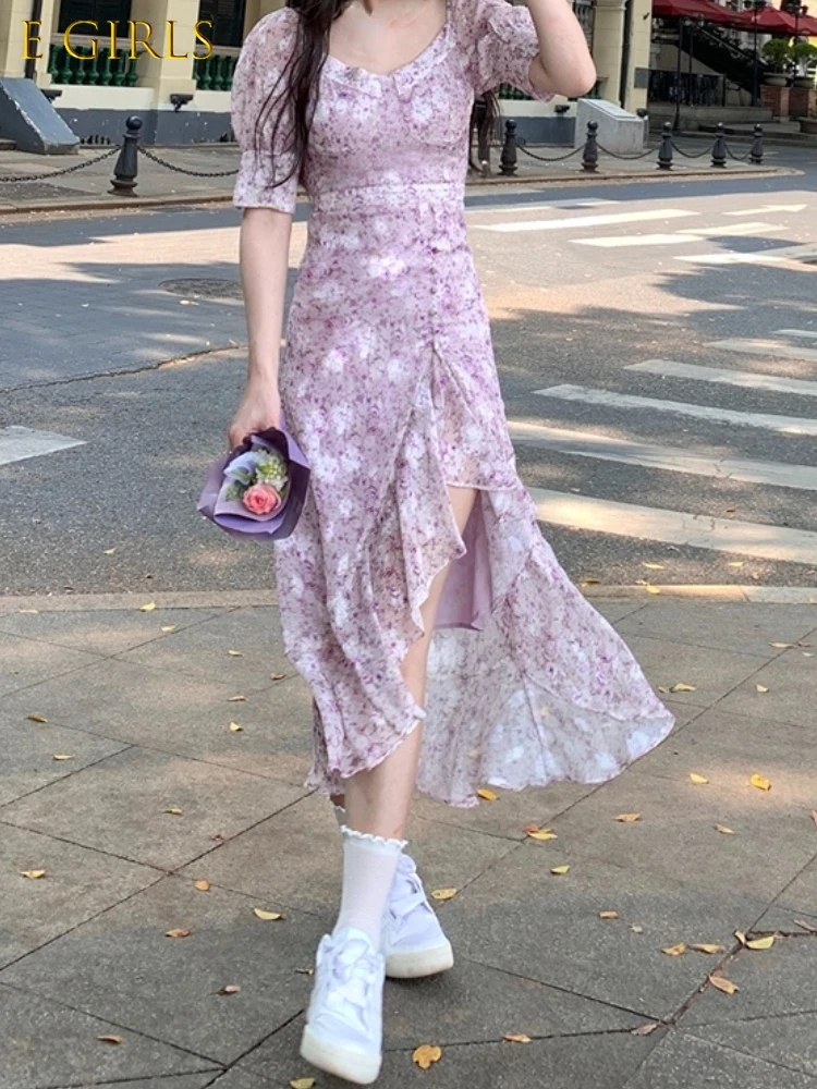 

E GIRLS 2022 Summer Short Sleeve Fairy Dress Woman Beach Party One Piece Dress Korean Style French Elegant Midi Dress Casual