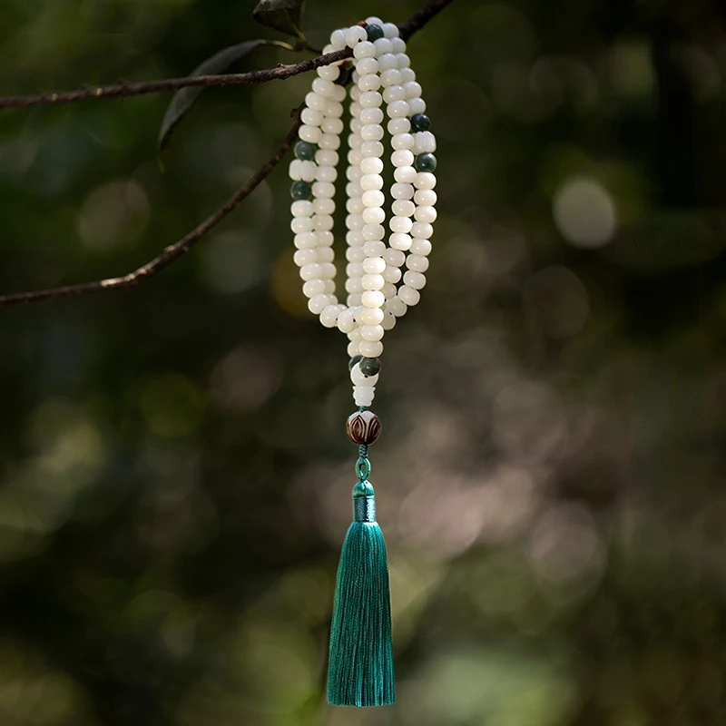 

Original White Jade Bodhi Root Necklace Bracelet Retro Hand String Female Buddha Beads 108 religious rosary beads tassels