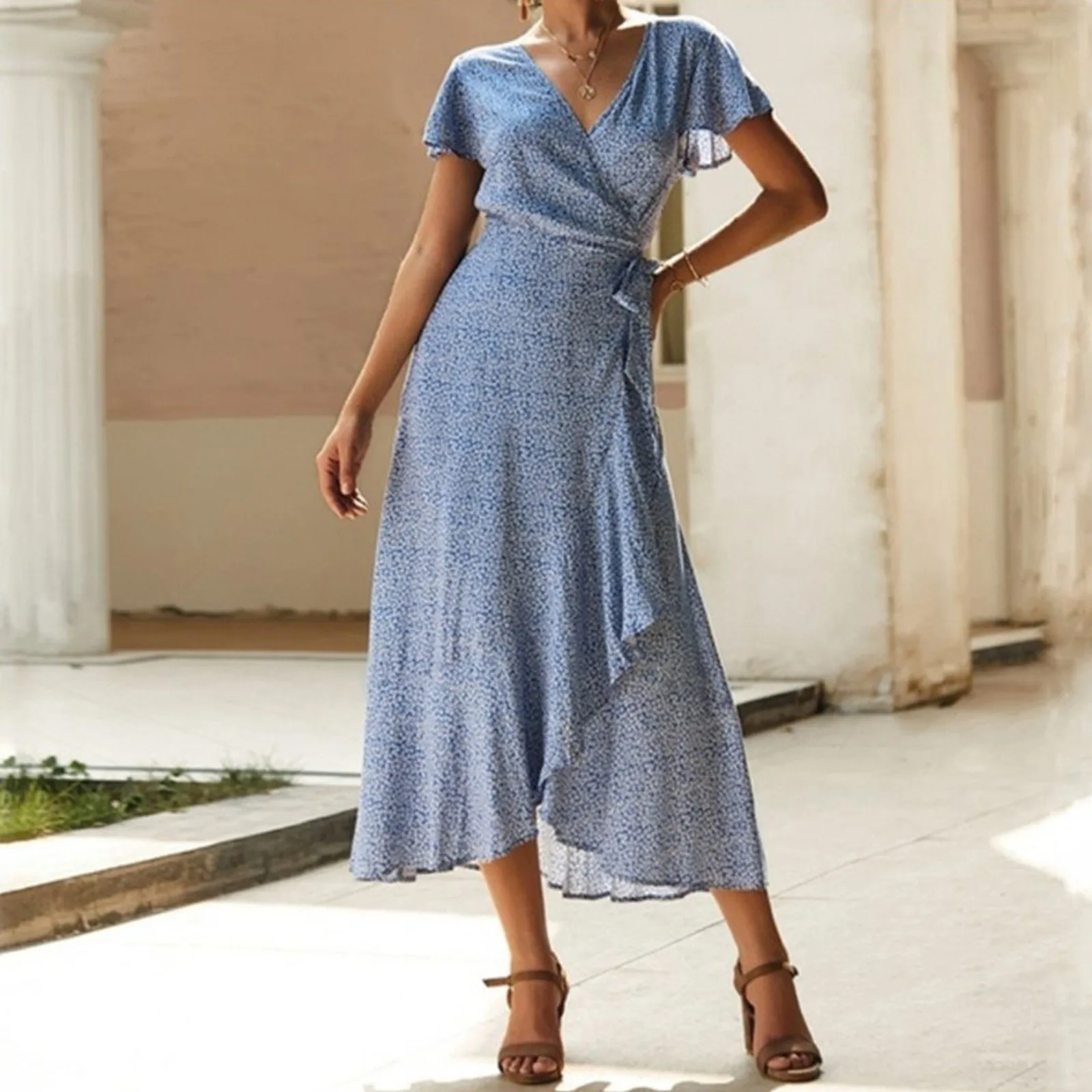 

Womens Business Dresses Women's V Neck Wrap Floral Printed Short Sleeve Maxi Dress Mini Dress Casual