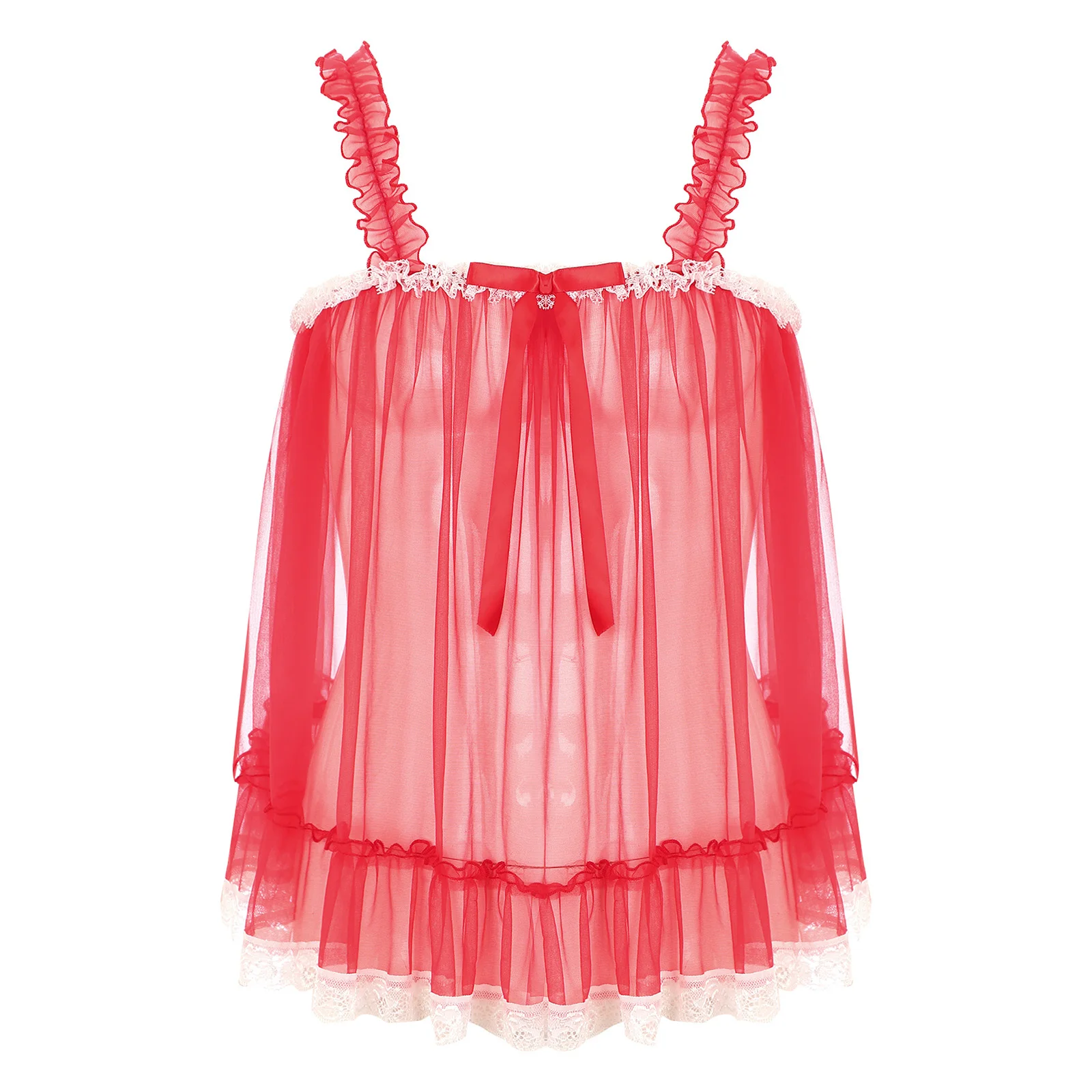 

Gay Mens Sissy Dress Sheer Mesh Top Ruffle Straps Bow See-Through Mesh Lace Trim Camisole Slip Top Crossdresser Male Costumes