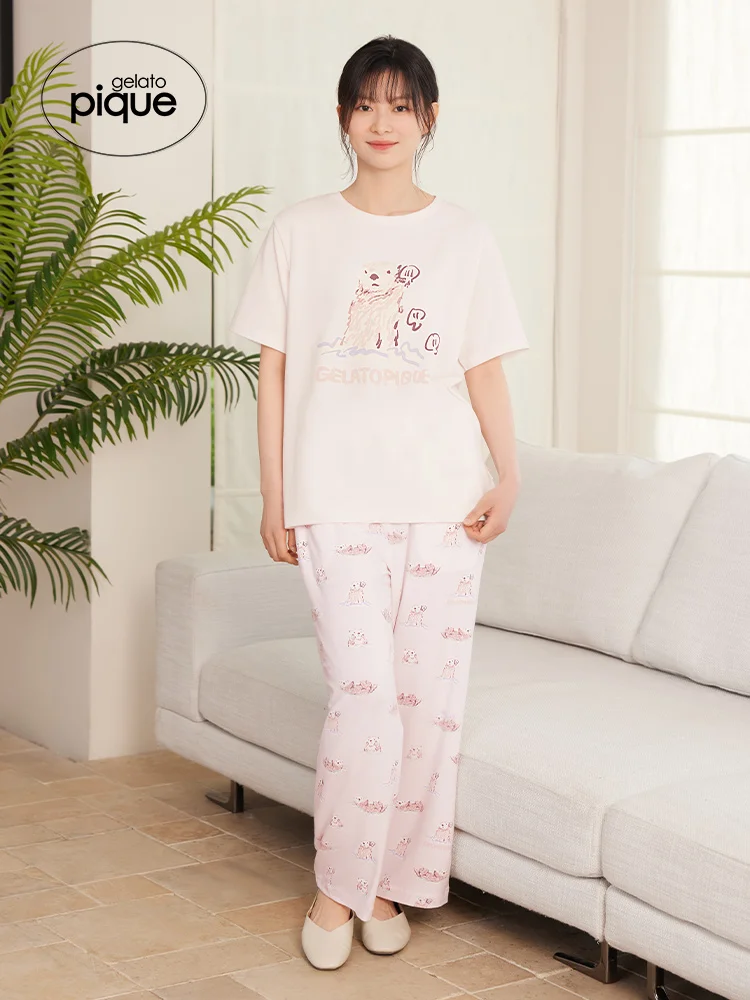 Cute Pajamas Room Wear Gelato Pique Summer Women's Pajamas Kawaii Otter Printed Short-Sleeved T-shirt Tops Pants Dress