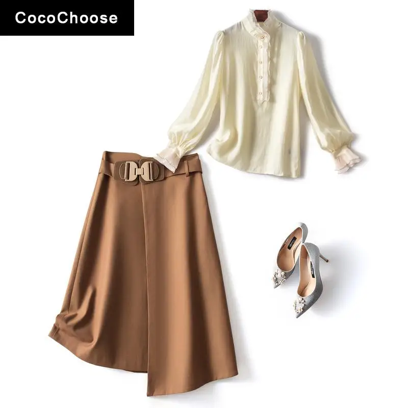 

Business Casual Women Dress Sets Spring 2022 Fashion Ruffles Stand Collar Shirt Top With Skirt Suits Office 2 Piece Outfits