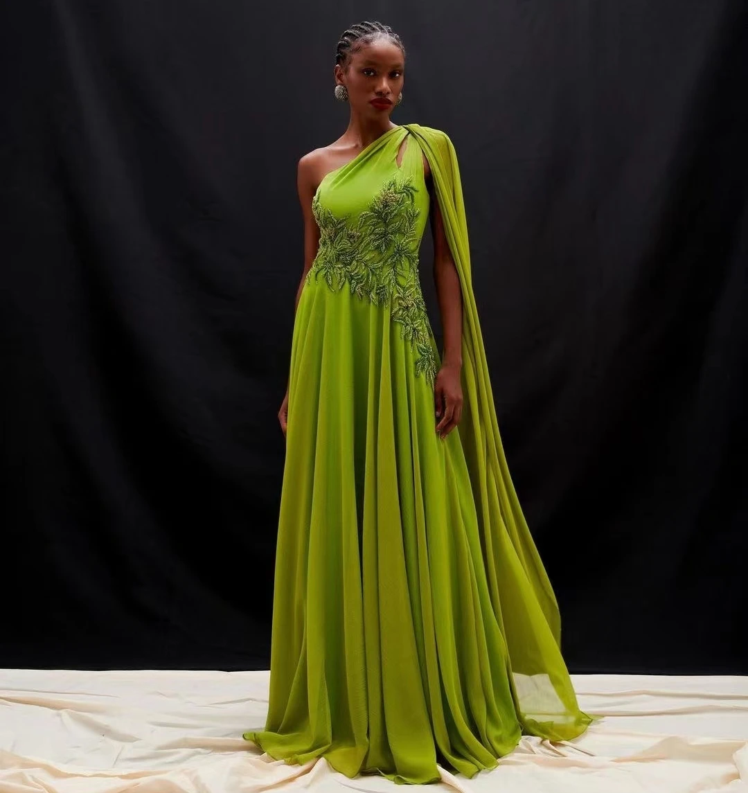 

VD Keyhole One Shoulder Prom Dresses Handmade Beaded Flutter Sleeve Evening Party Formal Occasion Gowns A Line Bride Wear Dress