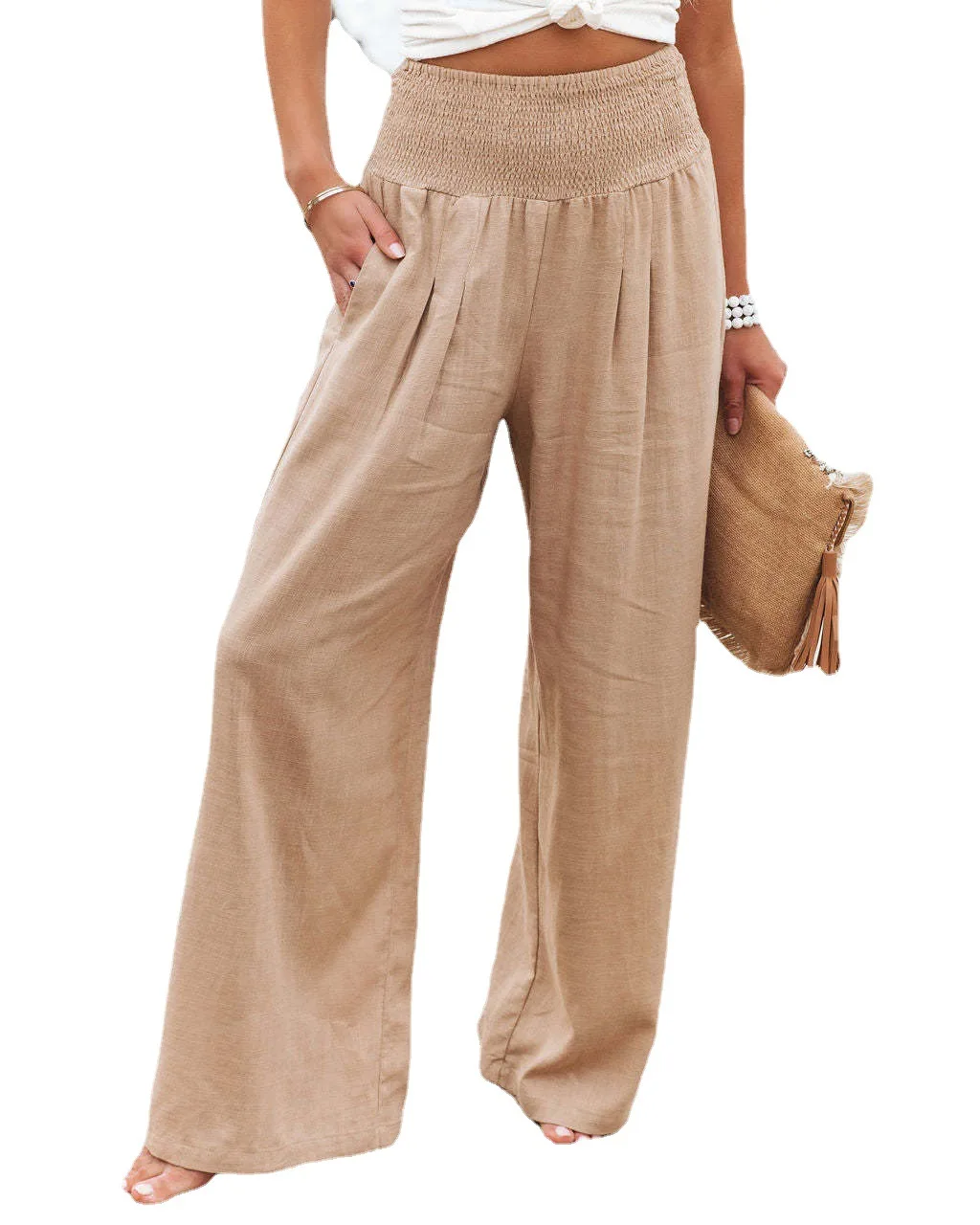 2022 Spring and Summer Women's Fashion Elastic Waist Wide Leg Pants Female & Lady Casual Pant Trousers
