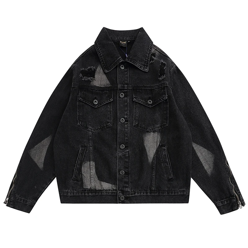 

Oversized Black Ripped Denim Jackets for Men Zippers Distressed Splash Ink Denim Jacket Coat Streetwear Hip Hop Casual Top Baggy
