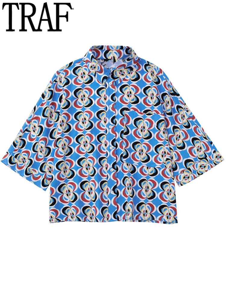 

Женская рубашка на пуговицах с геометрическим принтом, с коротким рукавом