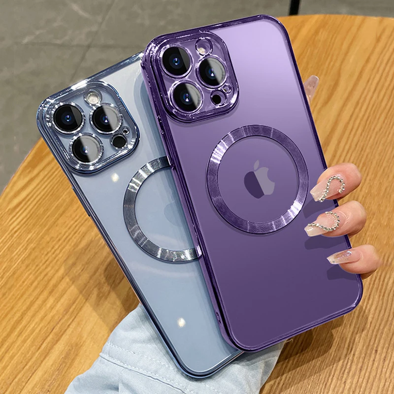 Transparent Magnetic Purple Case For iPhone 14 13 12 11 Pro Max For Magsafe Soft Full Protective Cover With Lens Protection etui