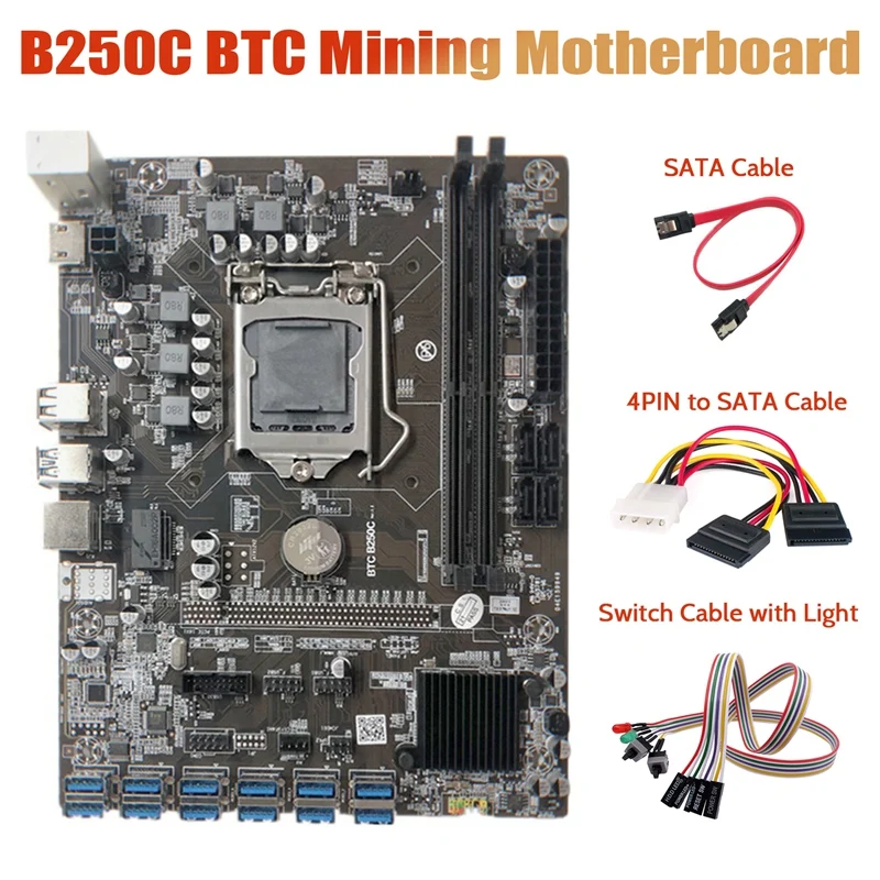 

HOT-B250C Miner материнская плата + двойной кабель с подсветкой + 4-контактный кабель SATA + кабель SATA 12 PCIE в разъем для графической карты USB3.0