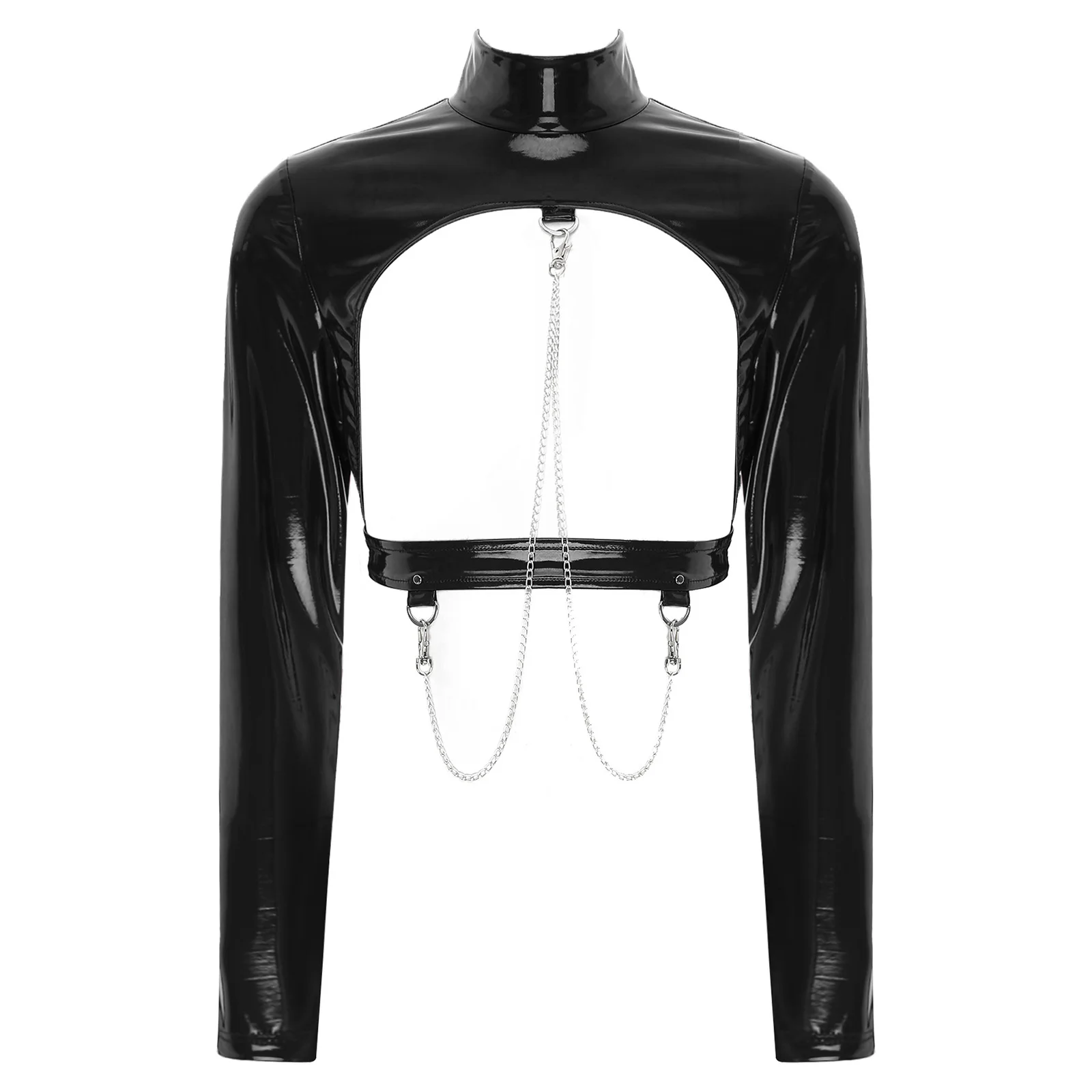 

Womens Fashion Metal Chains Long Sleeve T-shirt Overcoat Female Stand Collar Patent Leather Sexy Hollow Out Lingerie Crop Top