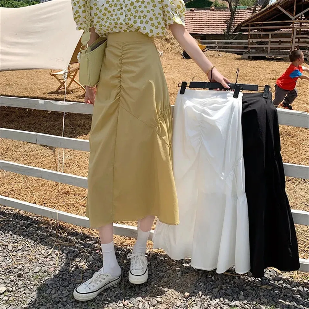 

Ассиметричная плиссированная юбка с высокой талией, женская летняя белая дизайнерская желтая юбка миди 2022, Женская Корейская простая трапе...