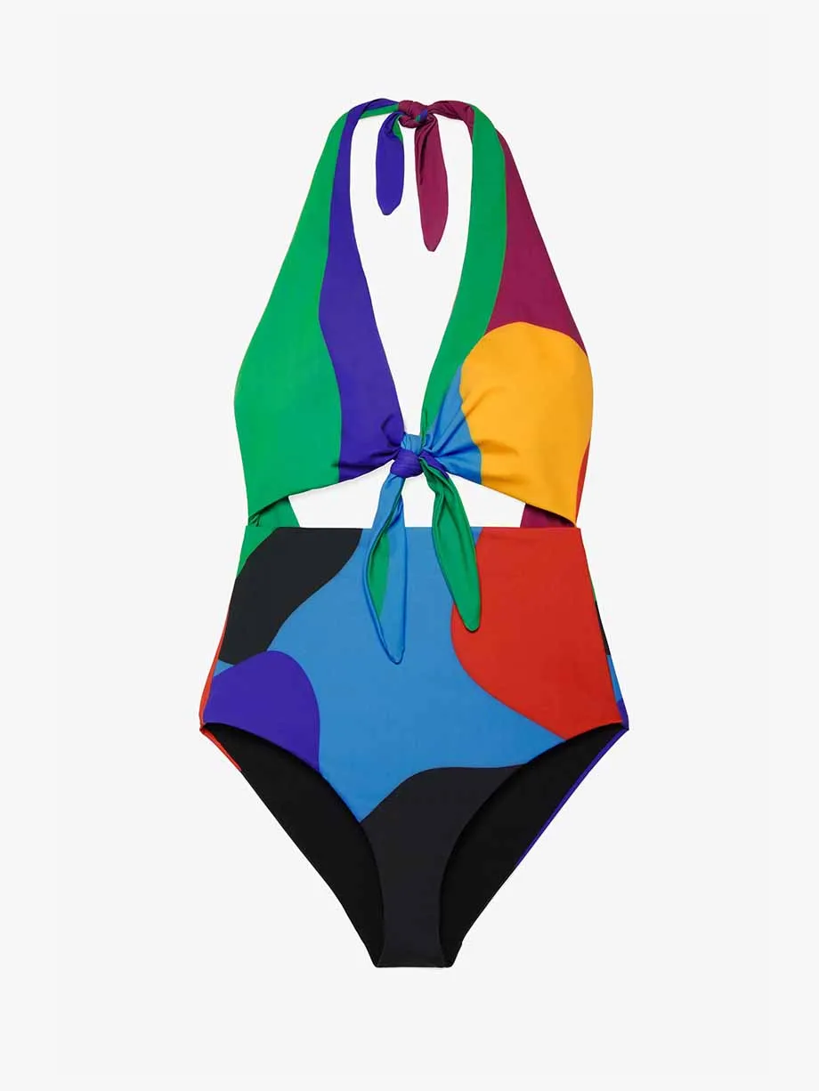 

Colorblock Print Beach Outfits Open Back Swimsuit 2023 Women Swimwear Summer Hanging Neck Straps Bathing Suits Sexy / New