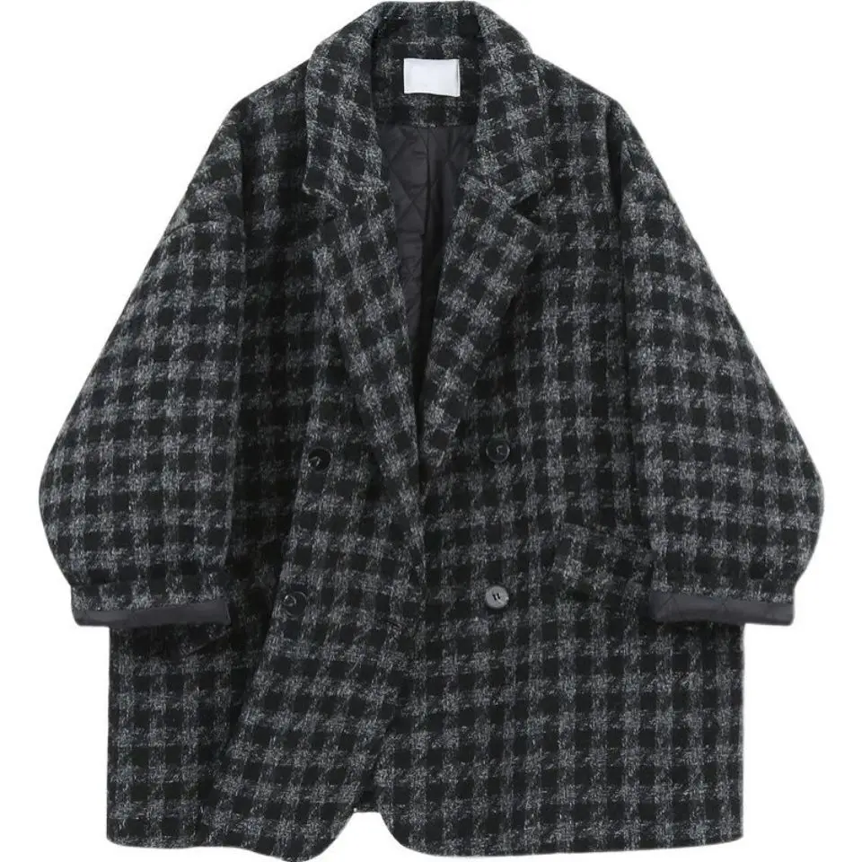 

Houndstooth Plaid Coat Women Autumn Winter 2022 New Korean Retro Loose Mid-long Woolen Coat