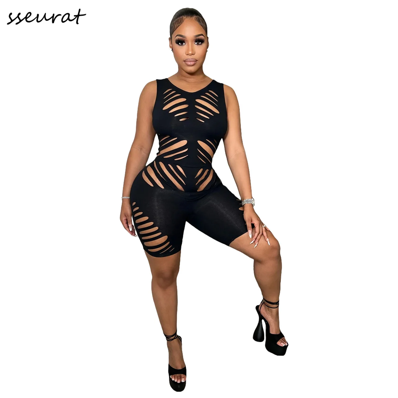 

Cut Out Jumpsuit Women Sexy Sproty Sleeveless Tank See Through Hole Skinny Club Romper Overalls