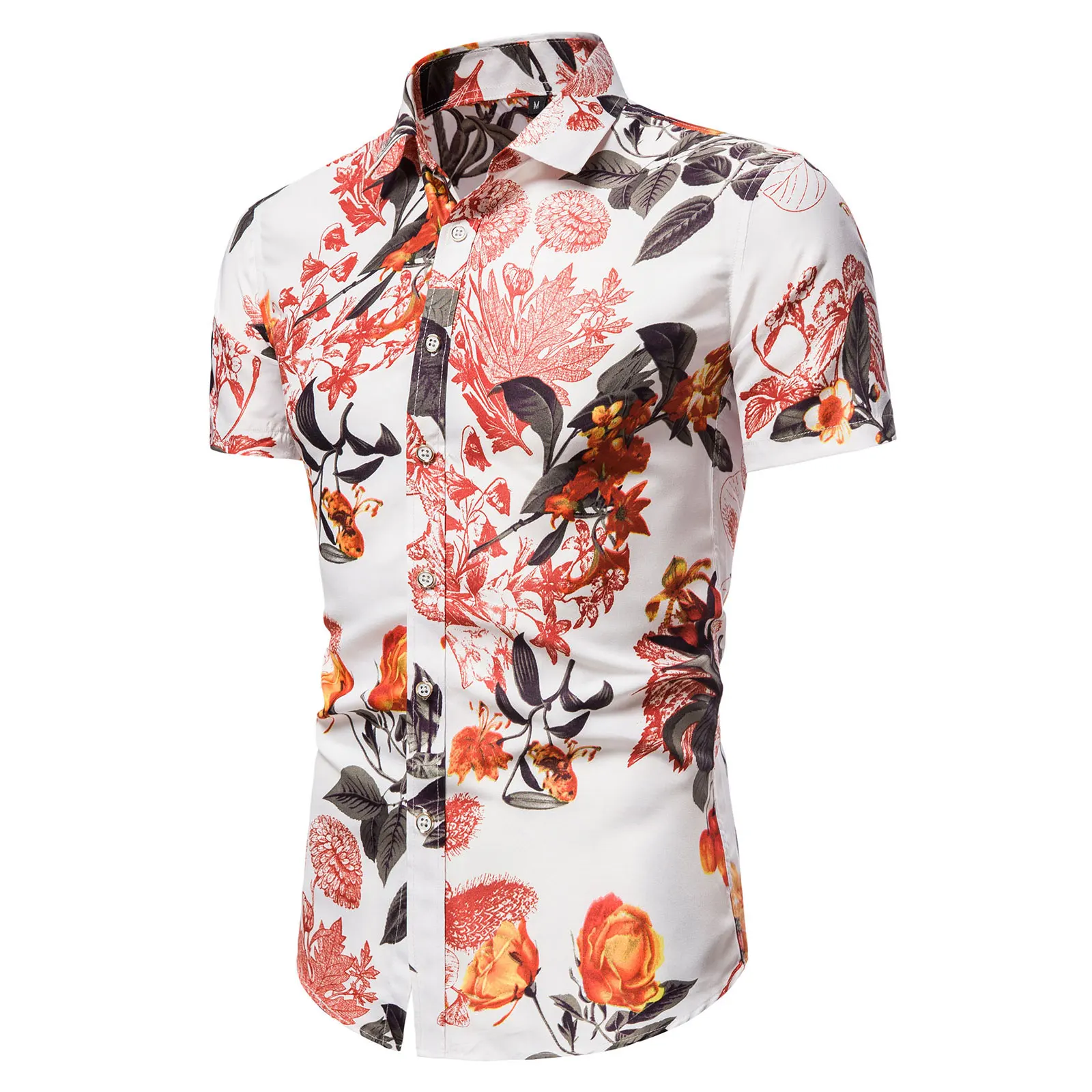 

Men Shirt Summer Autumn Breathable Shirt Beachwear Floral Leaves Printing Short Sleeve Lapel Plus Size Tops