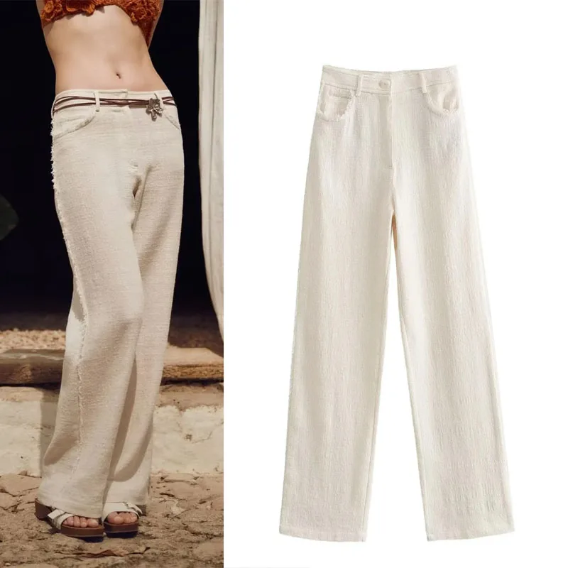 

TRAF Woman's Pants 2023 Frayed Wide Leg Long Pant Beige High Waist Frayed Trim Trousers Autumn Causal Five Pocket Pants Women