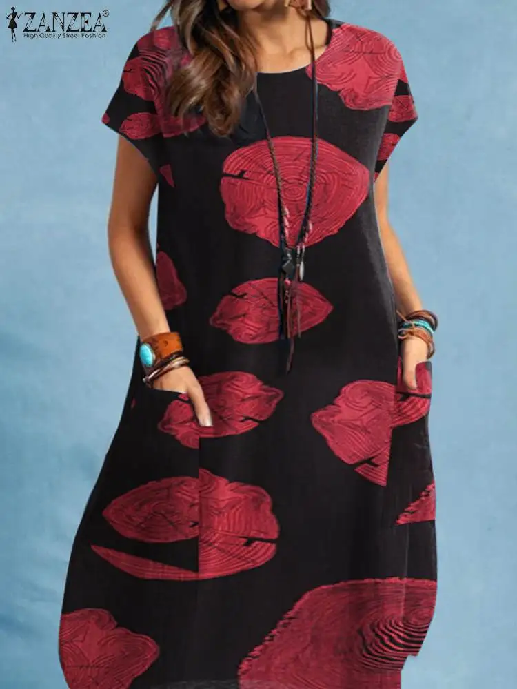 

ZANZEA Women Summer Floral Print Elegant Dress Short Sleeve O-Neck Baggy Vestido Bohemian Casual Vintage Beach Kaftan Sundress