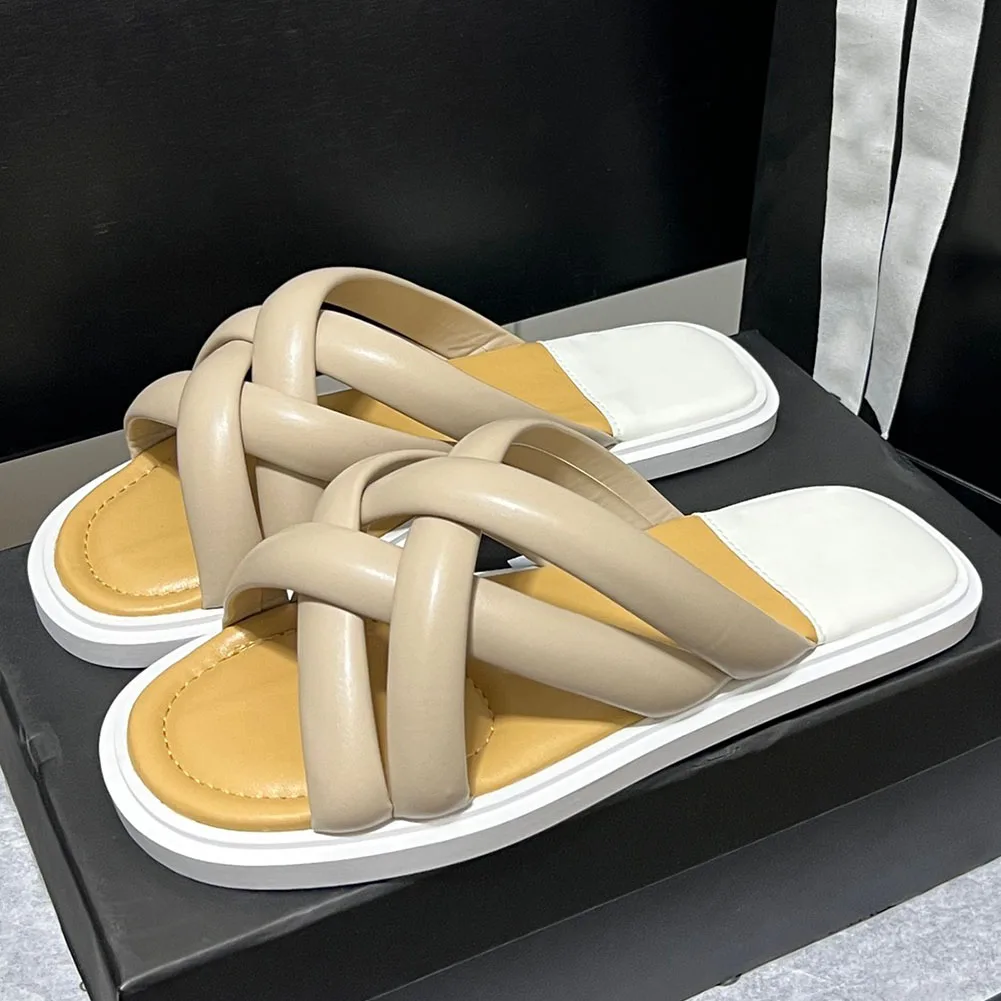 Top Quality 2023 Summer Women's Casual Open Toe Padded Genuine Leather Slides Leisure Flat Shoes Outside Slippers Summer Sandal