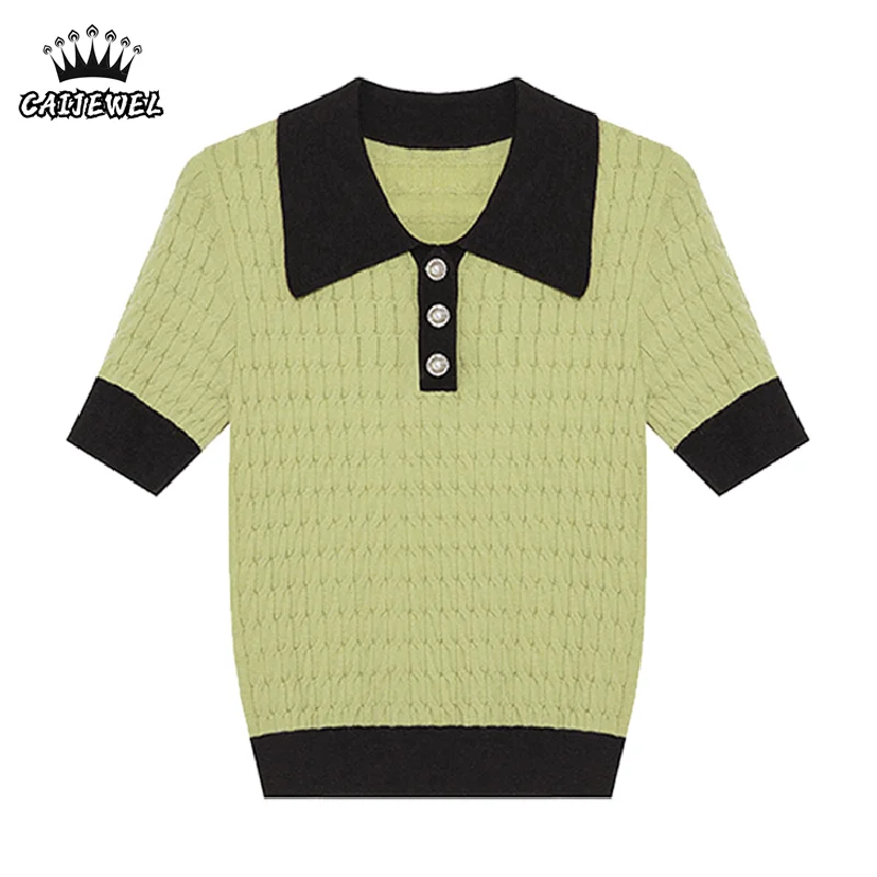 

Women's Clothing Knitting Shirts Green Polo Collar Short Sleeve Casual Korean Fashion Vintage Baggy Ladies Blouse Tops Summer