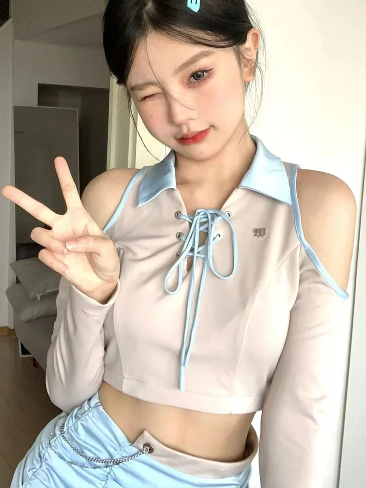

Y2k Crop Top Women Summer Long Sleeve Off Shoulder Polo T-shirts Ladies Korean Fashion Preppy Style Lace Up Slim All-match Tees