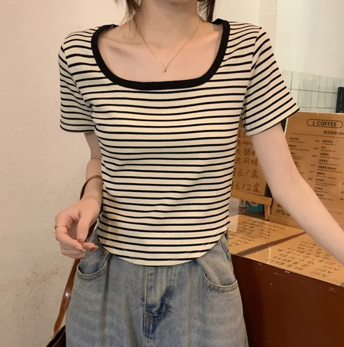 

Square neck sleeved T-shirt for women summer contrasting striped pure cotton