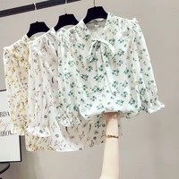 2022 new fashion summer clothes designer womens shirts chiffon cropped sleeves tops plus size 3xl white floral blouse