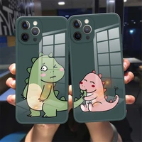 cute cartoon animal dinosaur couple phone case for iphone 13 12 11 pro max xs xr 12 13 mini dark green tempered glass back cover