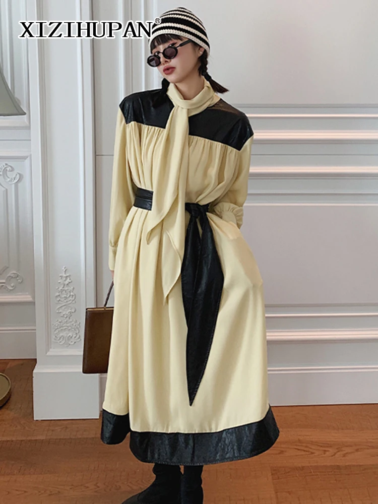 

Элегантное женское платье XIZIHUPAN с воротником-стойкой и длинным рукавом-фонариком, лоскутное платье с поясом и высокой талией, женские платья популярных цветов, 2022
