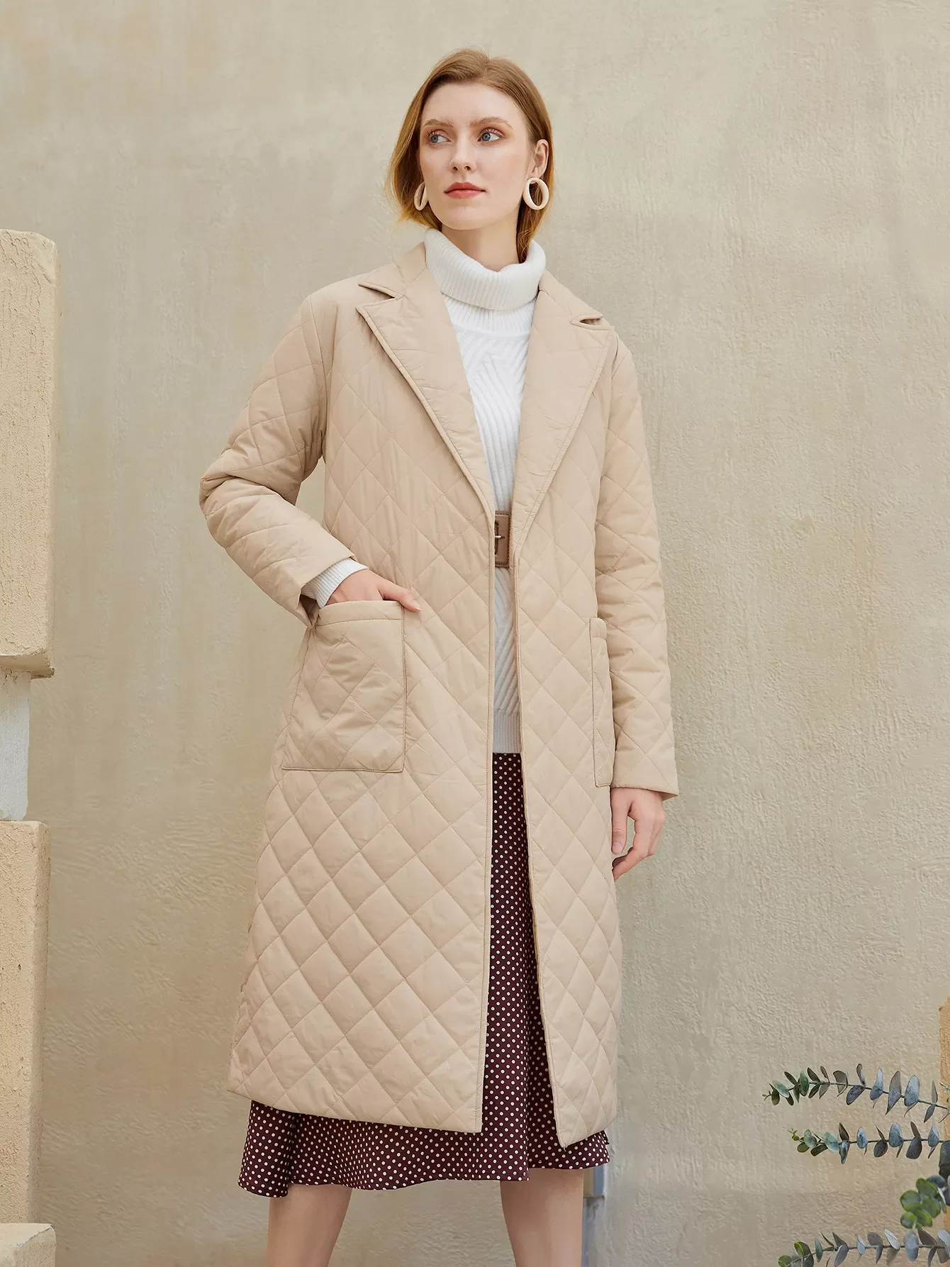 2022New Fashion female winter windproof jacket  Casual sashes women winter parka Long straight coat with rhombus pattern 2020