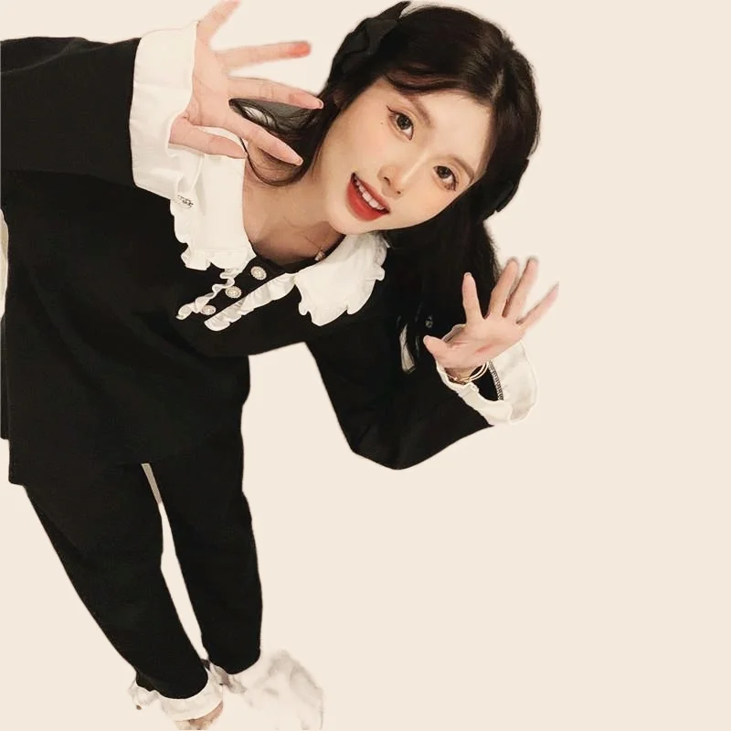 Spring Pajamas Set Full Sleeve Long Pants Sexy Pearl Decorate Pyjama Big Size Mom Homewear Cozy Plus Princess Sweet Sleepwear