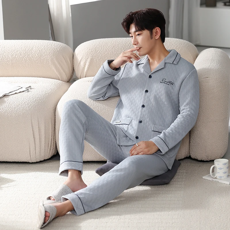 Winter thickened three-layer interlayer lapel cardigan long-sleeved pajamas men's suit home service