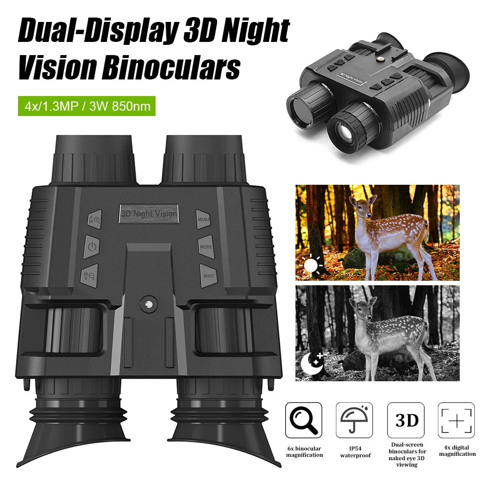 

Бинокль ночного видения с креплением на голову, инфракрасный цифровой 3d-бинокль с двойным дисплеем FHD для охоты, наблюдения за дикой природо...