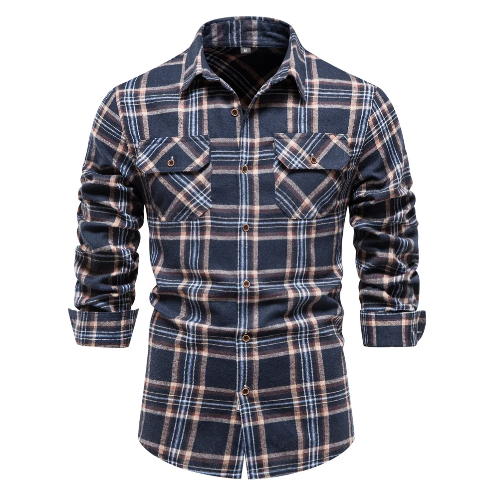 Double Pocket Flannel Men Plaid Shirts Long Sleeve Social Business Shirts for Men Autumn Fashion Checkered Shirts Men MCL367
