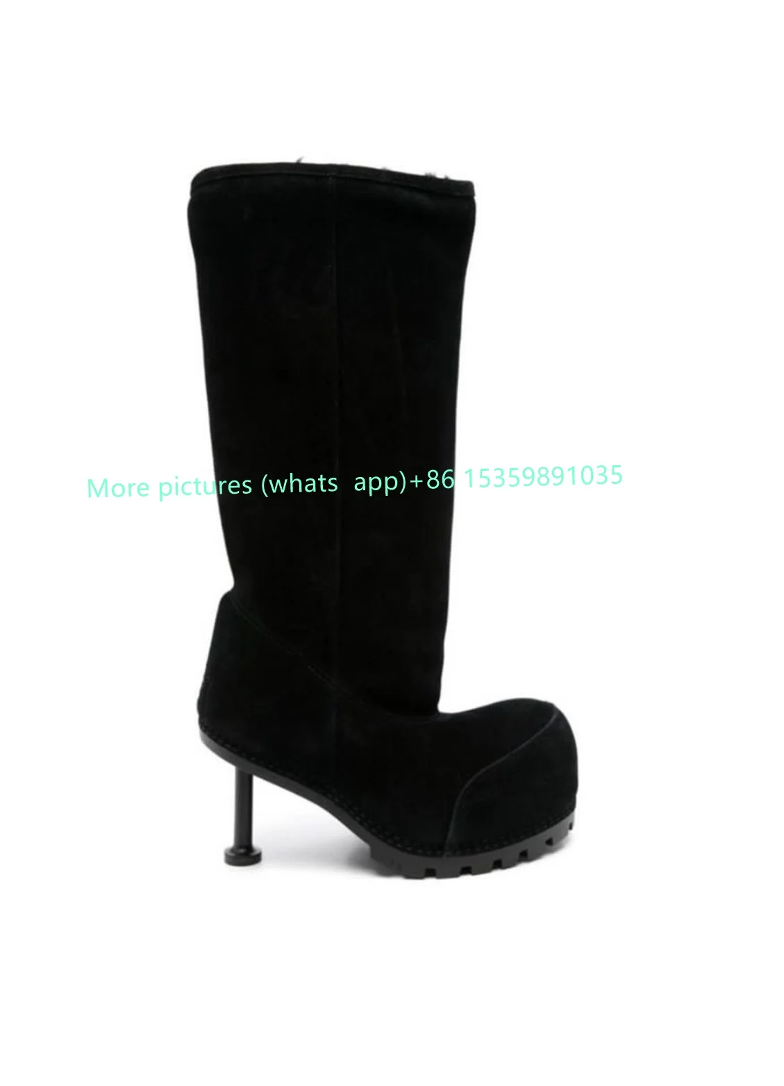 Розовые теплые ботинки на высоком каблуке с большим круглым носком однотонные