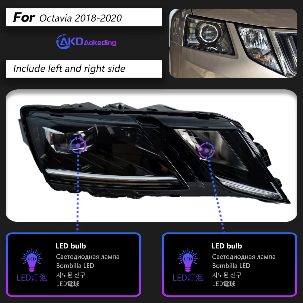 Фара AKD для Skoda Octavia светодиодный передняя фара 2018-2020 фары Octavia DRL сигнал поворота фара дальнего света ангельские глазки