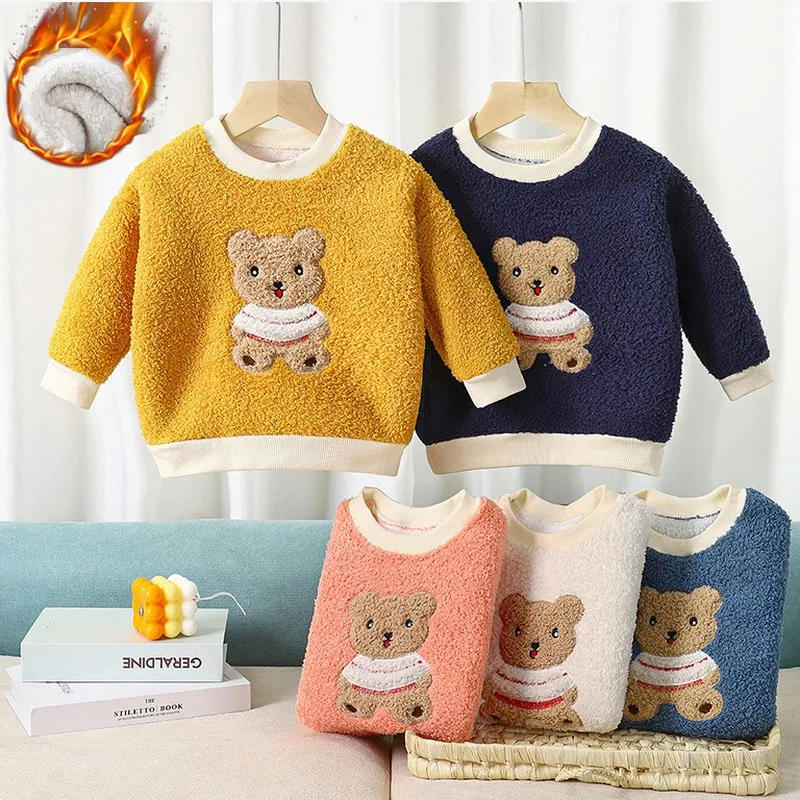 

2022 теплые толстые свитера для мальчиков и девочек, детская одежда, мягкий гладкий материал, Детский плюшевый свитер с медведем на осень и зи...