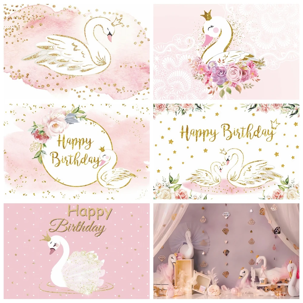 

Pink Swan Princess Crown Photocall Baby Girl Birthday Glitters Photography Backdrop Photographic Backgrounds Photo Studio