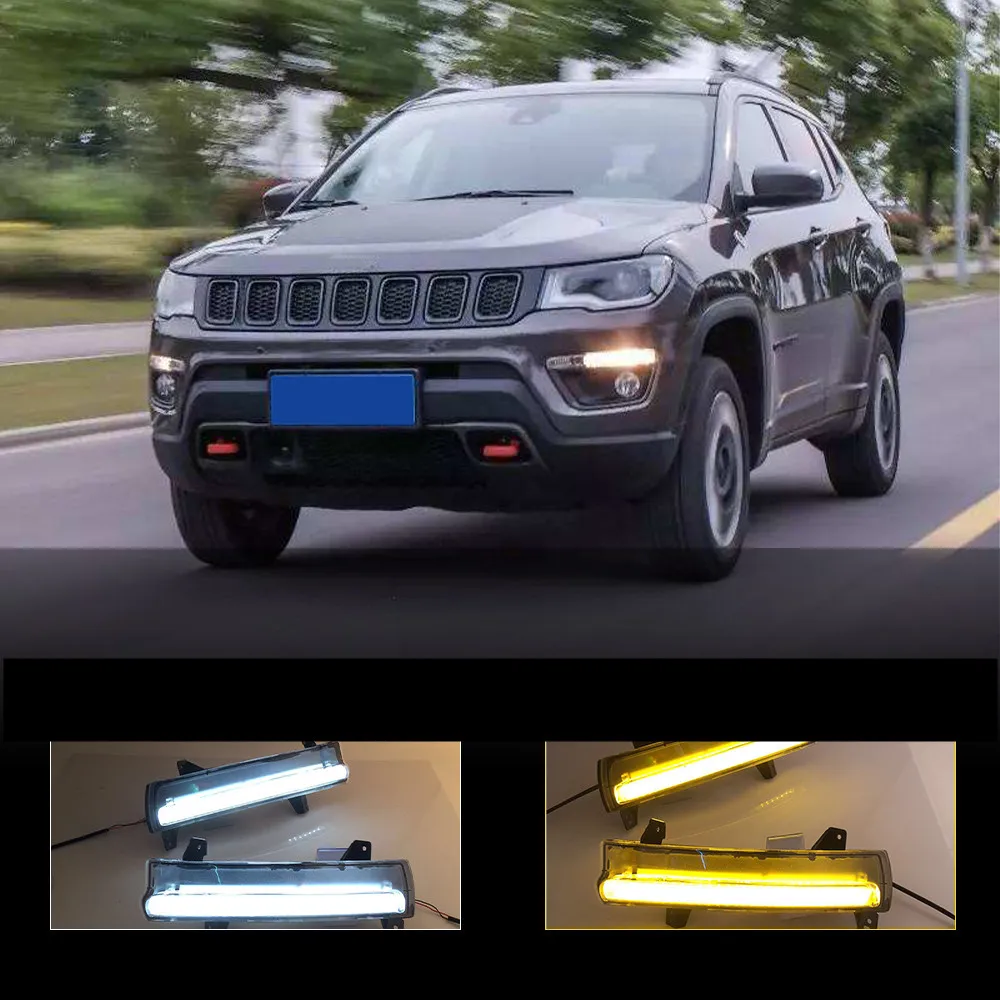 Car Flashing 1 Pair For Jeep Compass 2017 2018 2019 2020 LED DRL Daytime Running Light Daylight Waterproof yellow Signal lamp