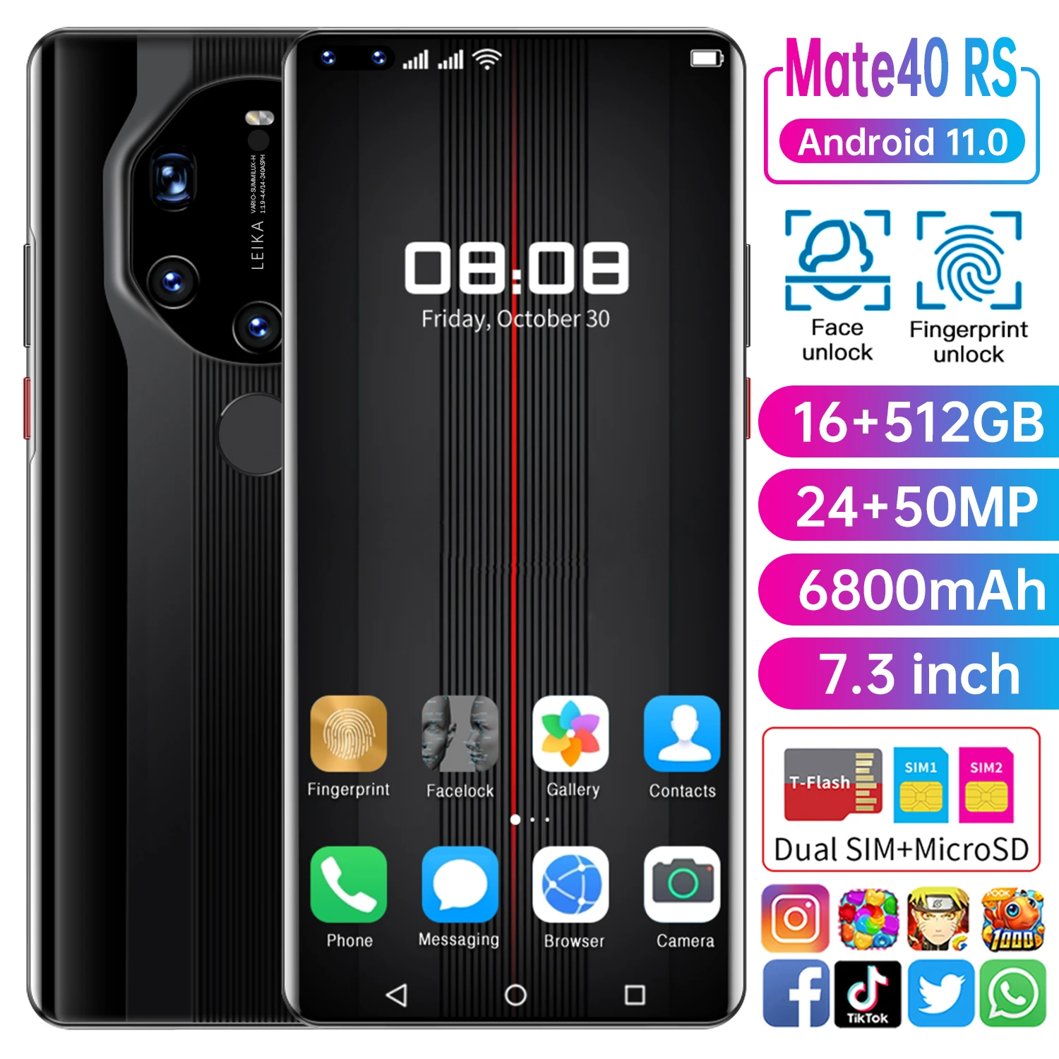 

Mate40 RS 7.3 Inch Digging Screen Face Fingerprint Unlock Mobilephones 16+512GB 24MP+50MP 6800mAh Andriod 11 Smart Phone Global