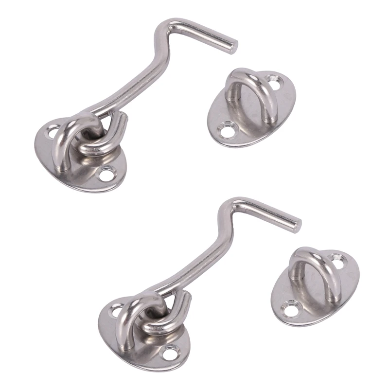 

2Set Stainless Steel Cabin Hook Eye Shed Gate Door Latch Silent Holder Silver, 3Inch