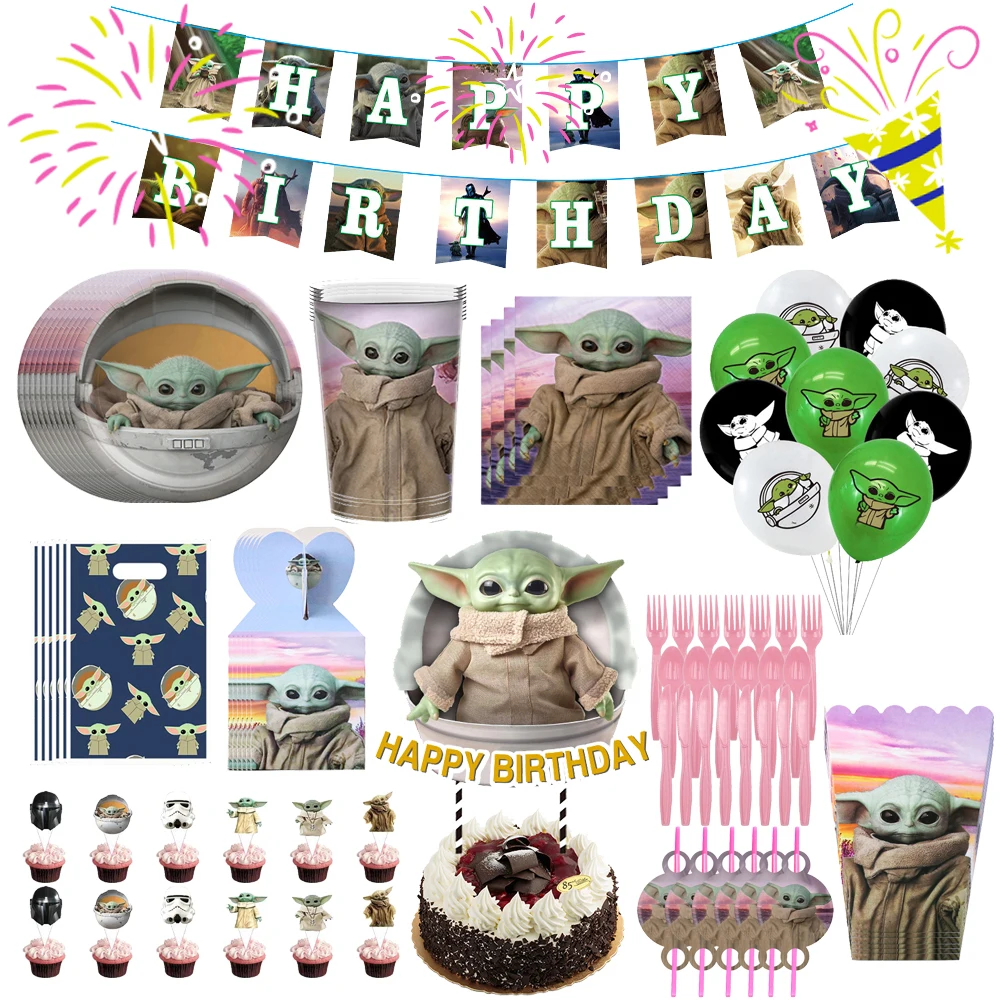

Disney Baby Yoda Party Supplies Children's Cartoon Figures Birthday Party Decorations Set Cute Paper Plates Pull Flags Inserts