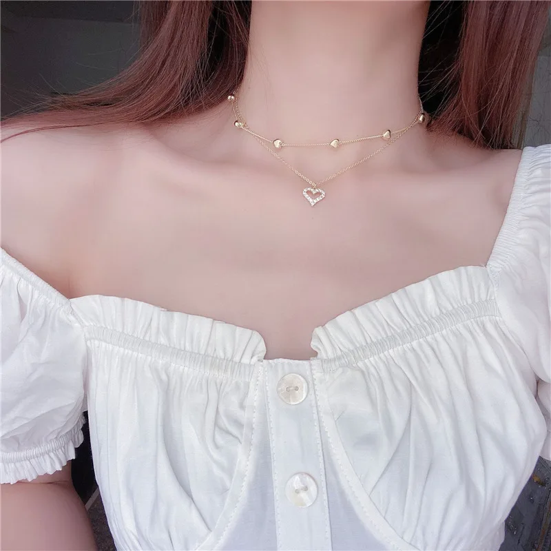 

New Fashion Trend Double Layer Delicate Romantic Gold Shiny Zircon Heart Clavicle Necklace Women's Wedding Jewelry Party Gift