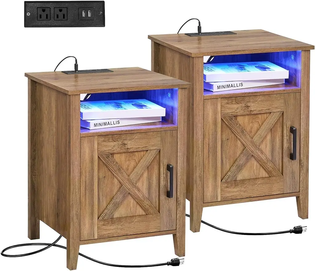 

HOMSHO Nightstand with LED Strip Lights and Charging Station Set of 2, Farmhouse Style End Table with Barn Door and Shelf