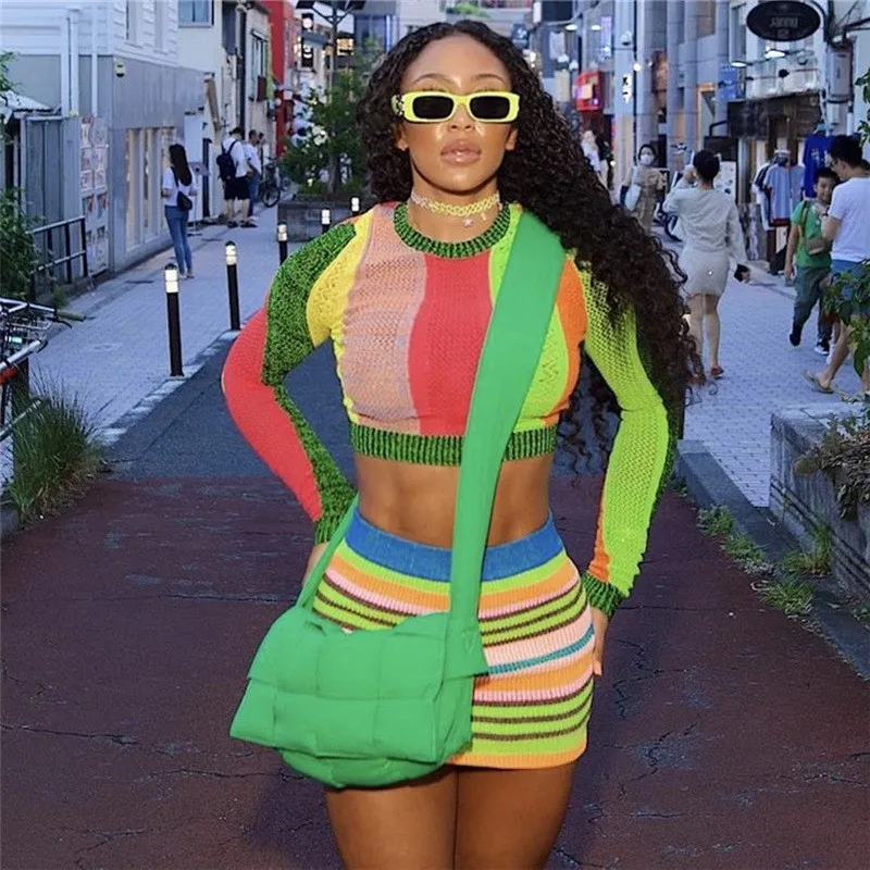 

Beach Dress Women Summer 2023 Bikini Cover New Stripe Color Print Sexy Long Sleeve Slim One Short Skirt Suit Spandex CoverUp For