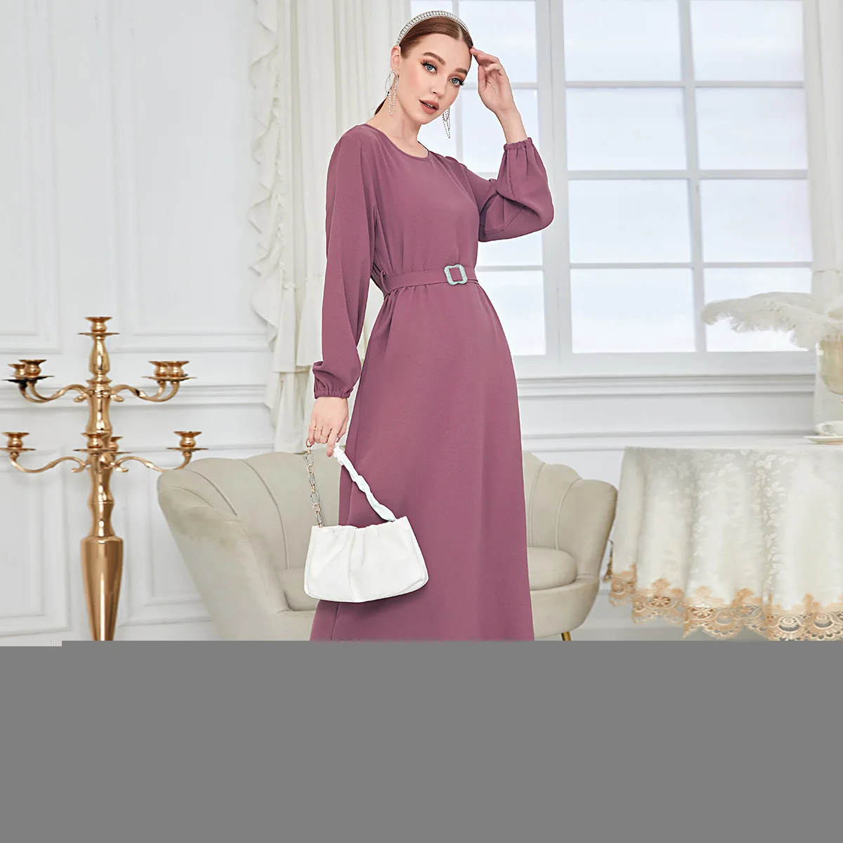 

Eid Women Muslim Robe Belt Casual Solid Color Long Sleeve Loose Dress Abaya Dubai Turkey Kaftan Prayer Dresses Islam Clothes