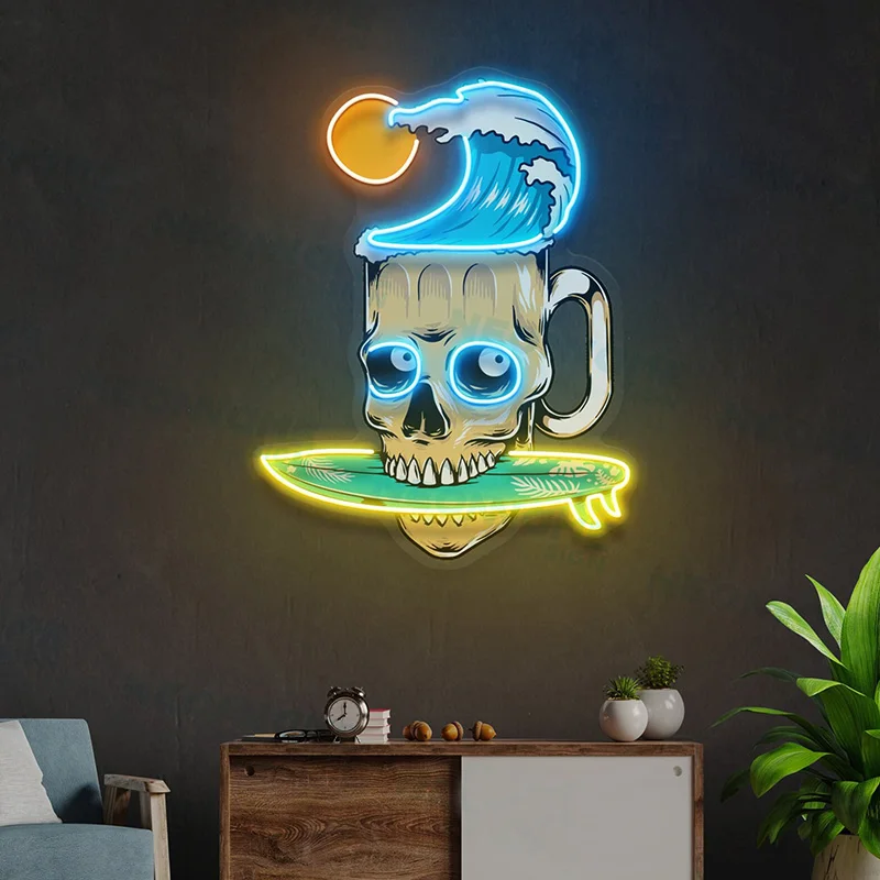 

Skull Beach Summer Neon Sign, Wine Glass Neon Sign, Neon Sign Customization, Restaurant Wall Decoration, Bar Decoration, UV Neon