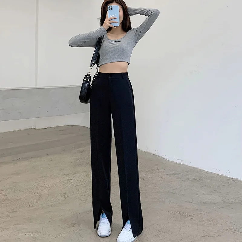 2021 Summer Flare Pants Women Trousers Front Split Leg Straight Ladies Work Korean Clothes Streetwear Black Bell Bottom Pants