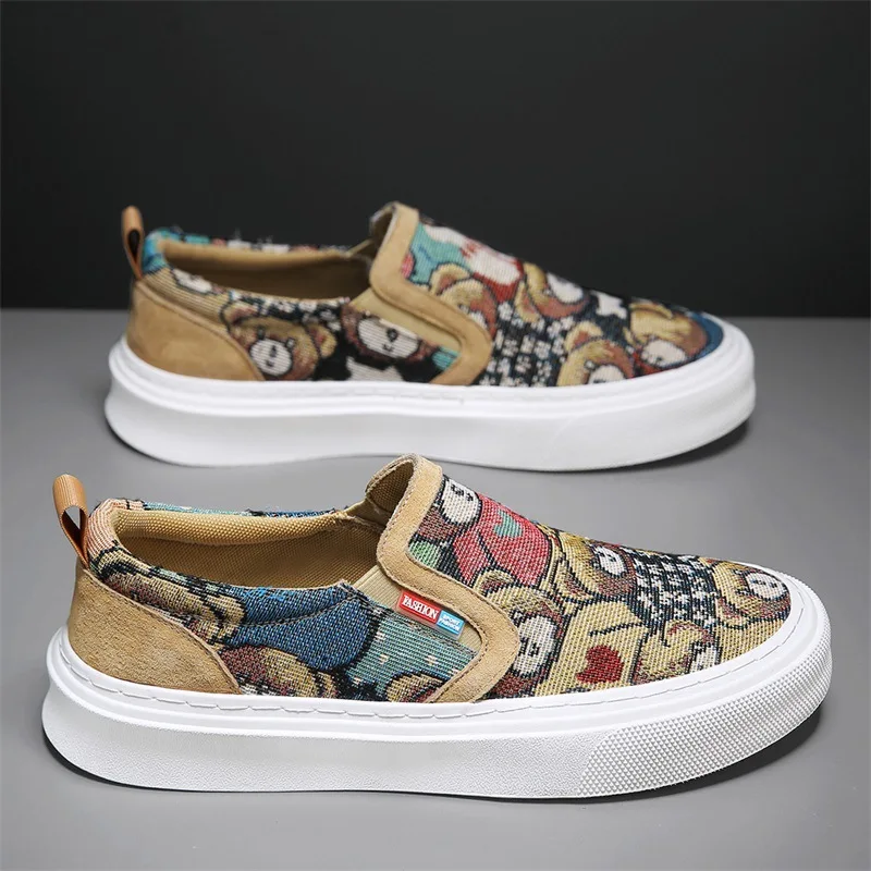 

2023 niche denim canvas shoes splicing bear breathable plate shoes retro Hong Kong style tide with men's shoes