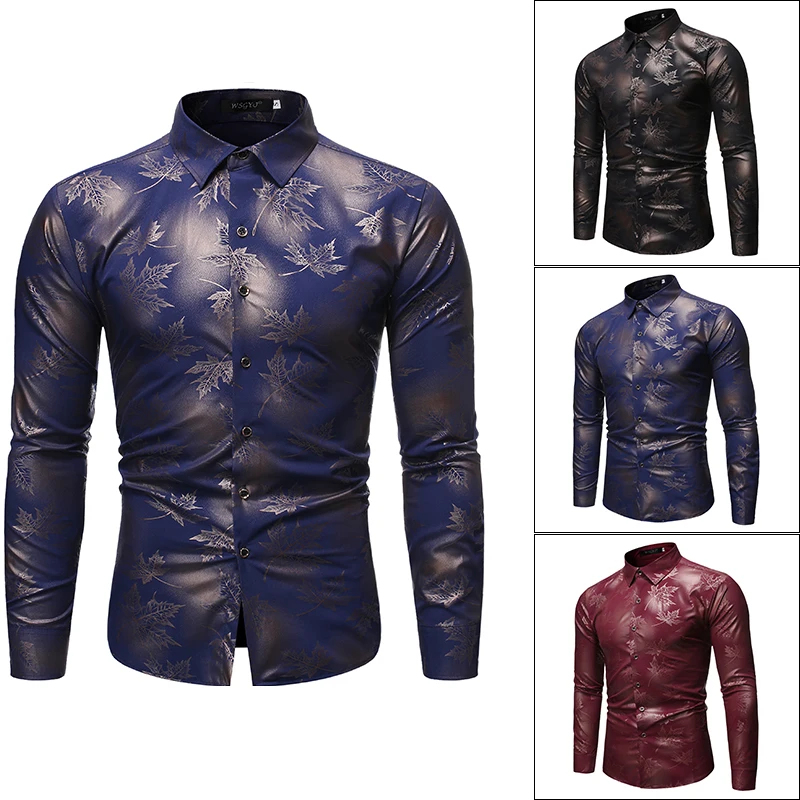 

2023Casual Men's Fashion Henry Collar Design Shirt Maple Flower Hot Stamping Japanese Casual Long-sleeved shirt